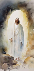 Jesus Christ in snow-white clothes, watercolor illustration of the Resurrection of Christ