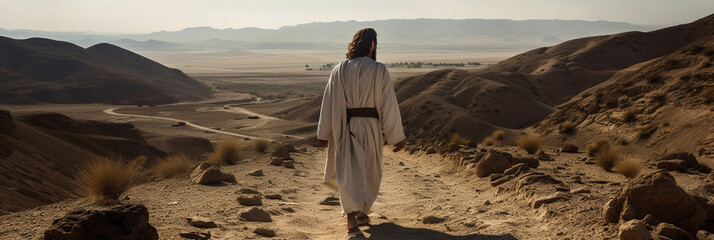 Jesus Christ is in prayer, walking through the desert to preach. The Judean desert, a lonely man walking. Christian background, banner - obrazy, fototapety, plakaty