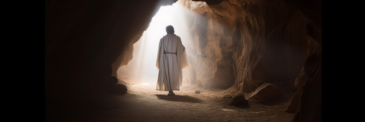 Jesus Christ is praying in a cave. The apostle, the praying man alone, the divine light - obrazy, fototapety, plakaty