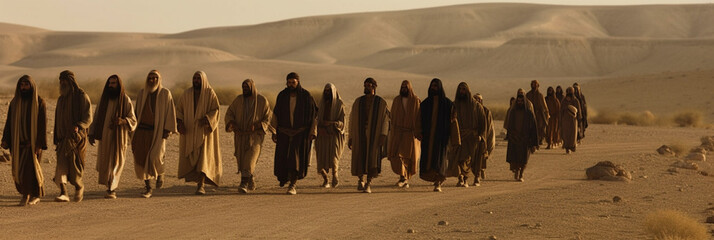apostles are going to preach in the Judean desert. Men walk across a sandy landscape - obrazy, fototapety, plakaty