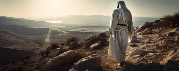 Fototapeta premium Jesus Christ is in prayer, walking through the desert to preach. The Judean desert, a lonely man walking. Christian background, banner