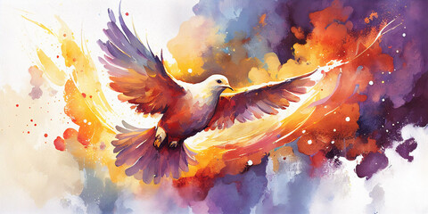 The Holy Spirit in the form of a dove, watercolor illustration of the descent of the Holy Spirit, Pentecost. Christian Banner