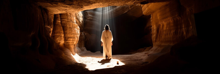 Jesus Christ is praying in a cave. The apostle, the praying man alone, the divine light - obrazy, fototapety, plakaty