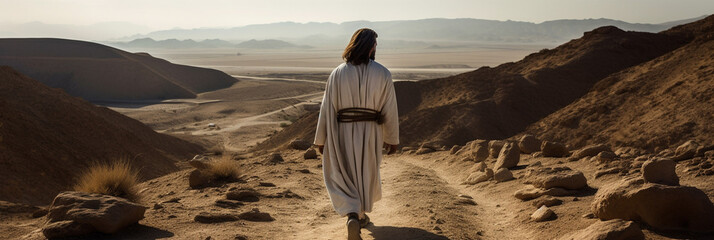 Jesus Christ is in prayer, walking through the desert to preach. The Judean desert, a lonely man walking. Christian background, banner