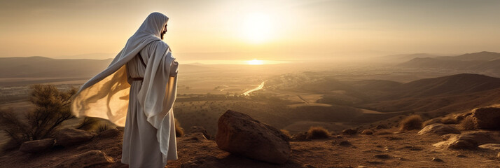 Jesus Christ is in prayer, walking through the desert to preach. The Judean desert, a lonely man...