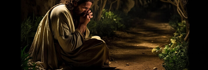 Fototapeta na wymiar Jesus Christ prays, prayer in the Garden of Gethsemane. The Passion of Jesus Christ