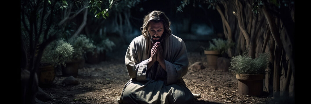 Jesus Christ prays, prayer in the Garden of Gethsemane. The Passion of Jesus Christ