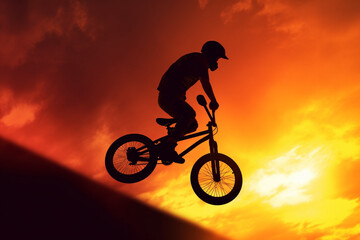 The silhouette of a BMX rider executing a high-flying trick on his bike, perfectly silhouetted against the radiant glow of the setting sun,. Generative AI technology.