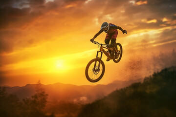 Fototapeta na wymiar A dramatic silhouette of a cyclist in mid-air, captured in a moment of suspension as he jumps his bike against the backdrop of a breathtaking golden sunset,. Generative AI technology.