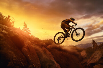 Fototapeta na wymiar The captivating silhouette of a rider on a mountain bike, leaping over a natural obstacle, with the stunning golden sunset as a backdrop, Generative AI technology.