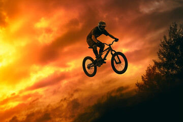 Fototapeta na wymiar A mesmerizing silhouette of a freestyle BMX rider in mid-air, executing a trick against the backdrop of a golden sunset, symbolizing creativity, skill. Generative AI technology.