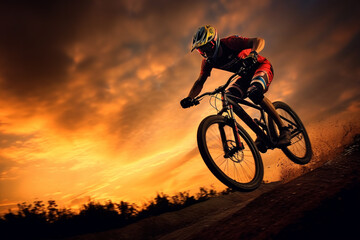 Fototapeta na wymiar The graceful silhouette of a road cyclist leaping off a ramp, with the radiant colors of the sunset illuminating the scene, exemplifying speed, agility. Generative AI technology.