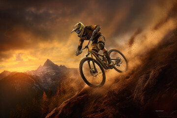 Fototapeta na wymiar A breathtaking silhouette of a mountain biker soaring through the air, with the golden hues of the setting sun casting a warm glow on the landscape. Generative AI technology.