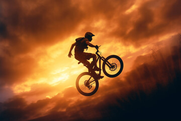 Fototapeta na wymiar The powerful silhouette of a cyclist performing a high jump on his bike, with the golden sunset as a backdrop, conveying a sense of courage, determination. Generative AI technology.