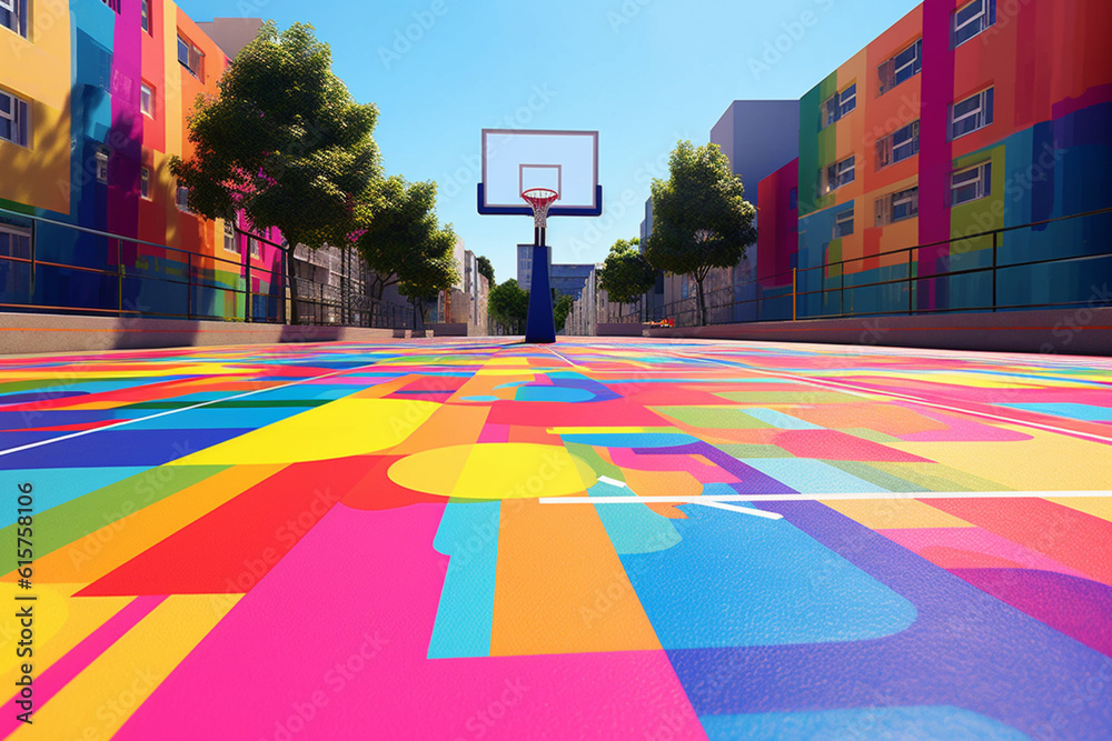 Poster a unique and artistic outdoor basketball court adorned with vibrant geometric patterns and motifs. g