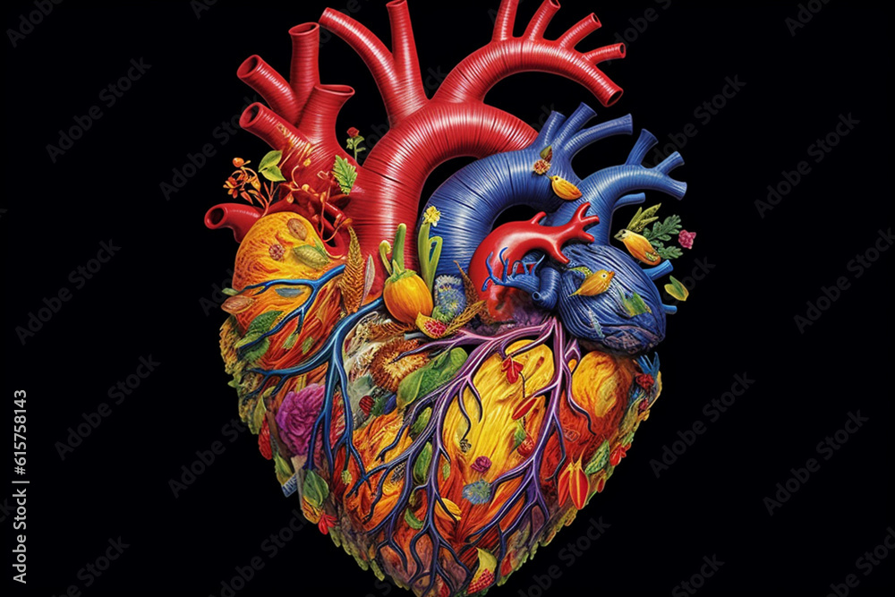 Poster an artistic depiction of a human heart made up of intricate floral patterns and vibrant colors. gene