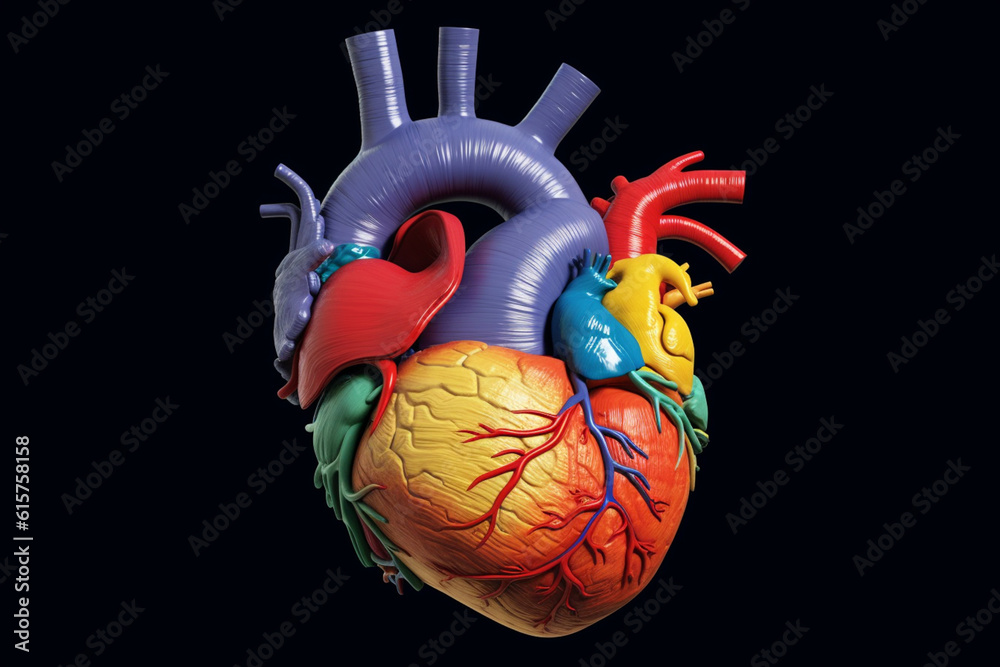 Poster an educational diagram of a human heart, labeled with its various parts and accompanied by concise d