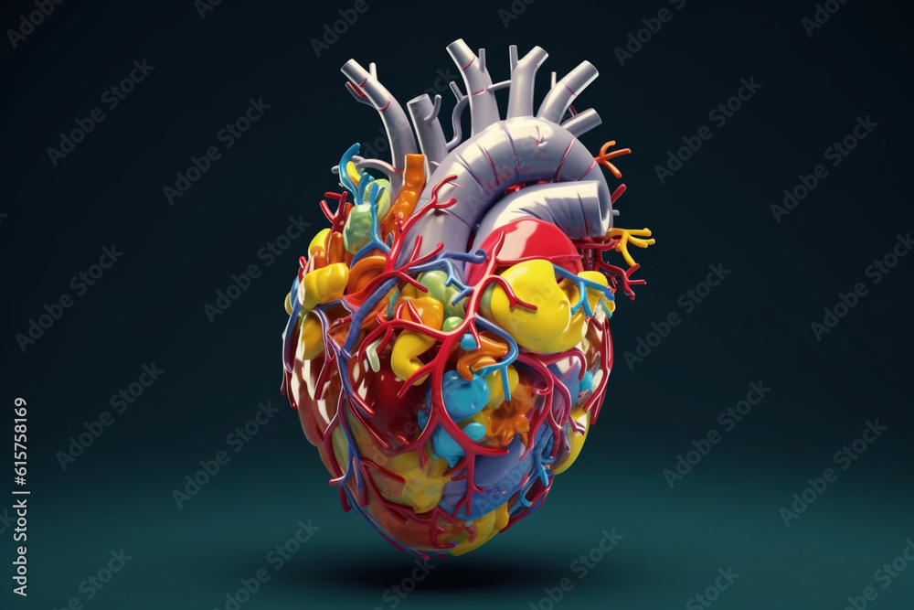 Poster A 3D rendered image of a human heart, allowing viewers to rotate and zoom in on different sections. Generative AI technology.