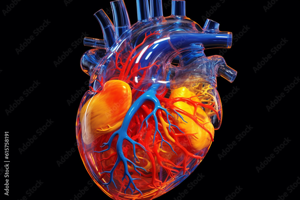 Poster An illustration of a human heart with transparent sections, revealing the flow of blood and highlighting key structures. Generative AI technology.