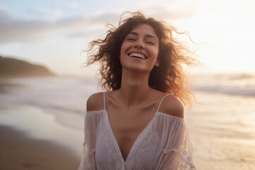 Fototapeta na wymiar Beautiful young woman feeling blissful at beach