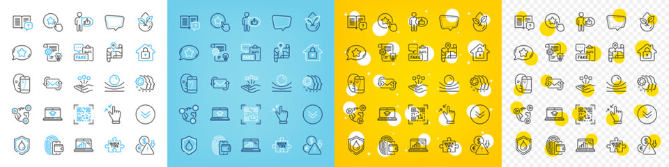 Vector icons set of Waterproof, Scroll down and Touchscreen gesture line icons pack for web with Deflation, Map, Cogwheel outline icon. Chat message, Like, Refresh mail pictogram. Vector