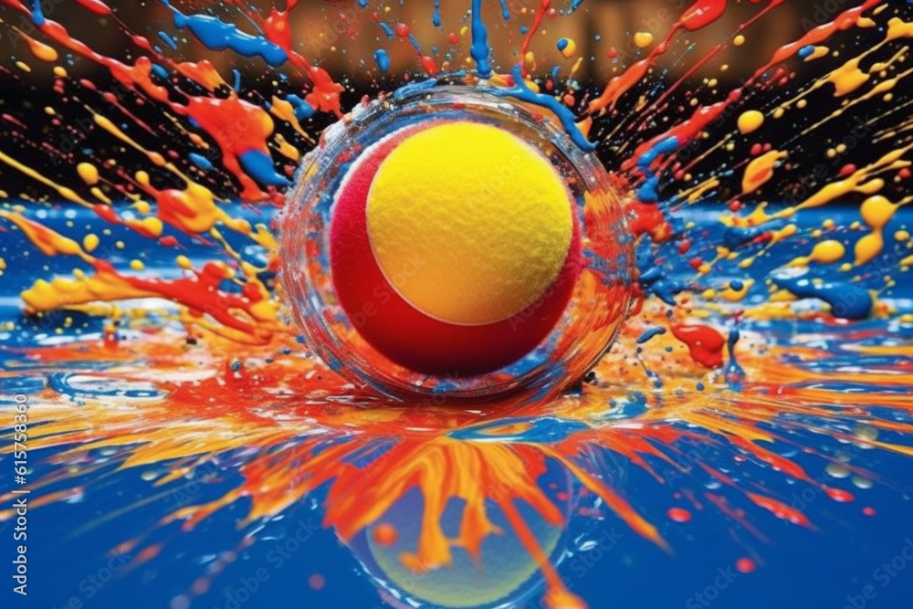 Poster a captivating photograph of a table tennis ball covered in splashes of colorful paint, capturing the