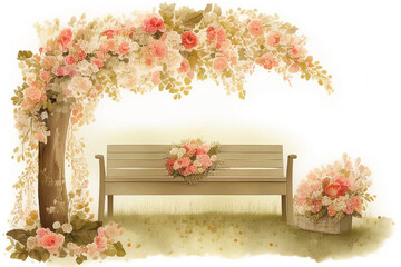 Drawing of a bench under a flowering tree, on a white background. AI generated
