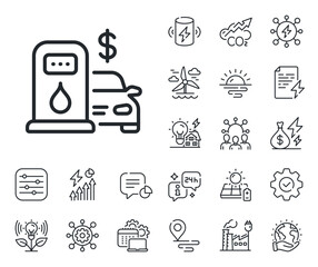Gas station sign. Energy, Co2 exhaust and solar panel outline icons. Filling station line icon. Diesel or Petrol fuel symbol. Filling station line sign. Eco electric or wind power icon. Vector