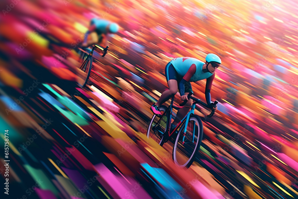 Poster A digital composition showcasing abstract lines and shapes resembling bicycles in a race, creating a sense of movement. Generative AI technology.