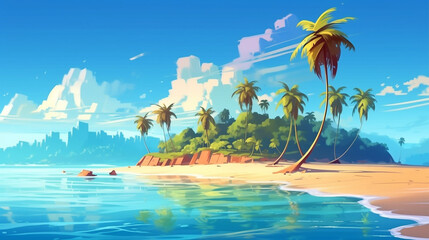 Naklejka na ściany i meble Tropical island with beach and palm trees, Sunny ocean Paradise illustration style. generated ai