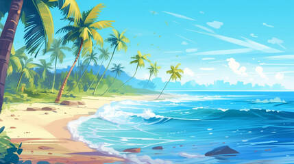 Fototapeta na wymiar Tropical island with beach and palm trees, Sunny ocean Paradise illustration style. generated ai