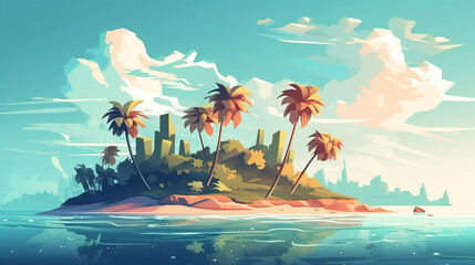 Tropical island with beach and palm trees, Sunny ocean Paradise illustration style. generated ai