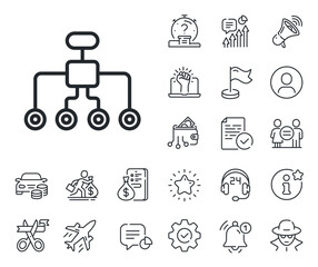 Business architecture sign. Salaryman, gender equality and alert bell outline icons. Restructuring line icon. Delegate symbol. Restructuring line sign. Spy or profile placeholder icon. Vector