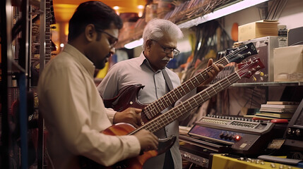 Small Business Owner Assisting Customer in Avant-Garde Music Store. Generative AI.