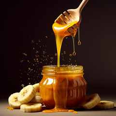 a glass of honey and a banana
