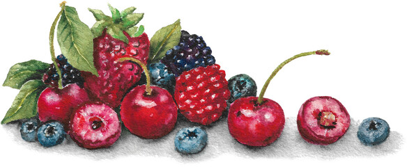 Watercolor Forest Fruit with a Painted Shadow on a Transparent Background, Cherries Art, Blackberries, Strawberries, Blueberries, Raspberries, Red Fruit Art, Fruits Clipart