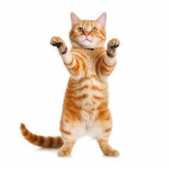 Obraz premium Funny dancing cat isolated on white background. The cat stands on its hind legs in full height, as if dancing or drunk. Generative AI