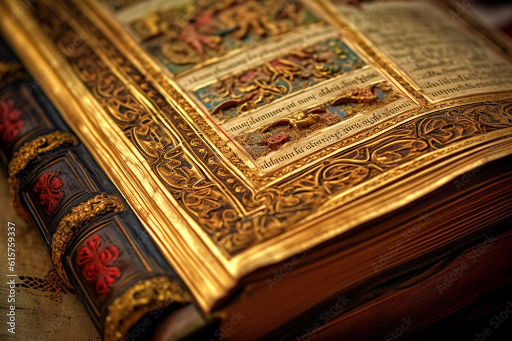 Poster a close-up photograph of an open ancient book, revealing beautifully intricate illustrations and han