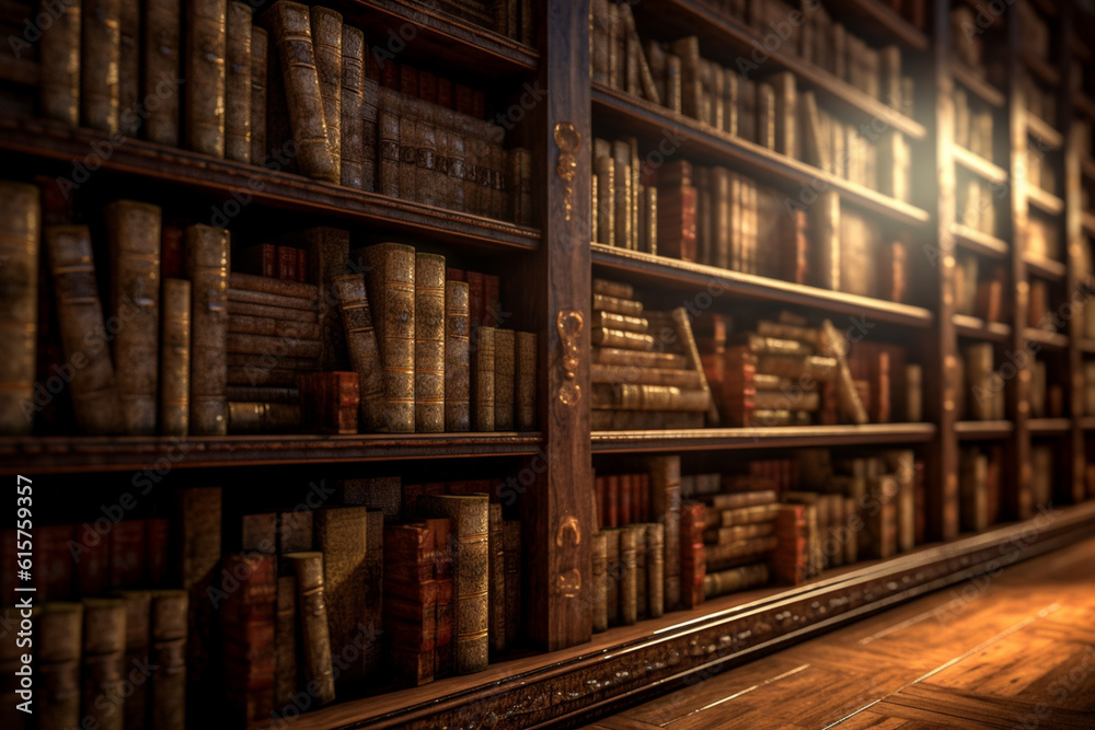 Fototapete An image of an open ancient book positioned among rows of other books on a wooden library shelf. Generative AI technology.