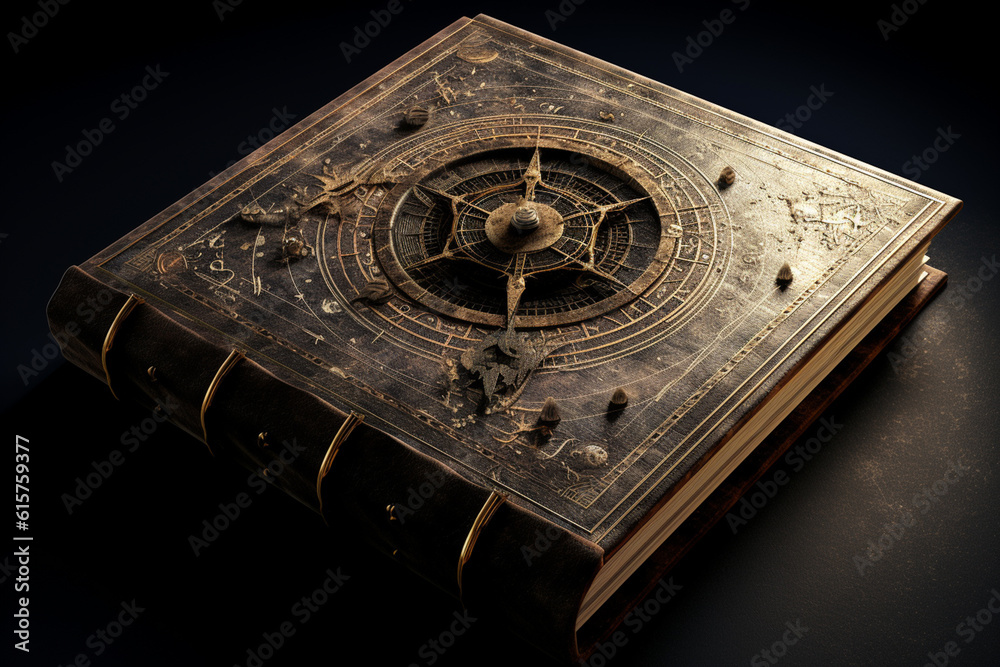 Fototapete An image of an open mystical grimoire, featuring cryptic symbols and intricate diagrams. Generative AI technology.