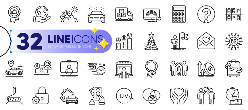 Outline set of Lock, Delivery truck and Car wash line icons for web with Excise duty, Love letter, Parking place thin icon. Friends couple, Calculator, Christmas tree pictogram icon. Vector