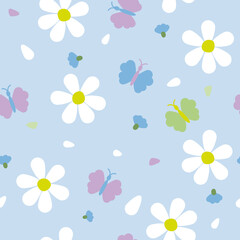Vector seamless summer floral pattern with daisies and butterflies