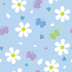 Vector seamless summer floral pattern with daisies and butterflies