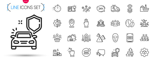 Pack of Puzzle options, Attention and Puzzle line icons. Include Buyers, Teamwork, Face biometrics pictogram icons. Product knowledge, Touchscreen gesture, Electric bike signs. Transform. Vector