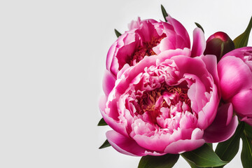 Festive congratulatory bouquet of natural pink peonies with green leaves on a white background, Generative AI, generative artificial intelligence