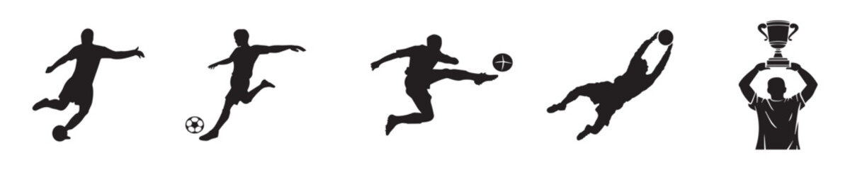 Vector set silhouettes of Soccer player kicking ball, abstract isolated vector silhouette, footballer logo. Vector Illustration. Vector Graphic. eps 10