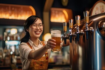 Enthusiastic Female Brewer Pouring Signature Brew in Modern Craft Brewery. Generative AI.
