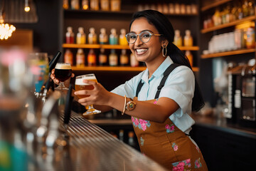 Enthusiastic Female Brewer Pouring Signature Brew in Modern Craft Brewery. Generative AI.