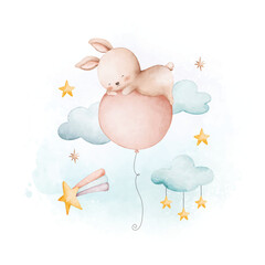 Watercolor illustration baby rabbit and balloon with cloud and stars