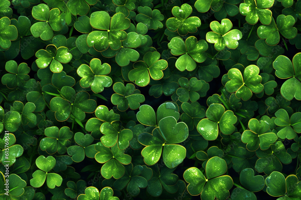 Poster An abstract image featuring vibrant green hues and intricate patterns that form a collection of shamrocks, the iconic symbol of St. Patrick's Day. Generative AI technology.